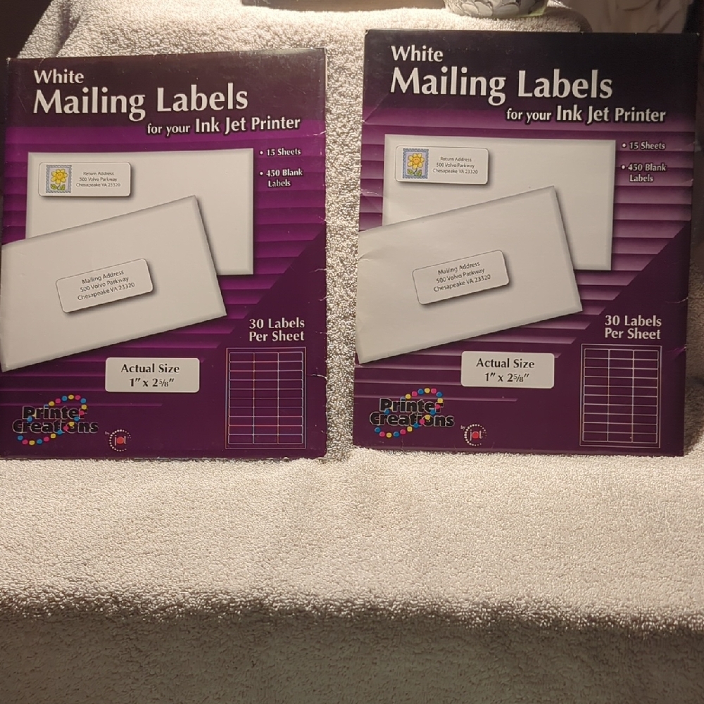 2-Packs  White Mailing Labels for Ink Jet Printer 1" x 2-5/8"  Printer Creations